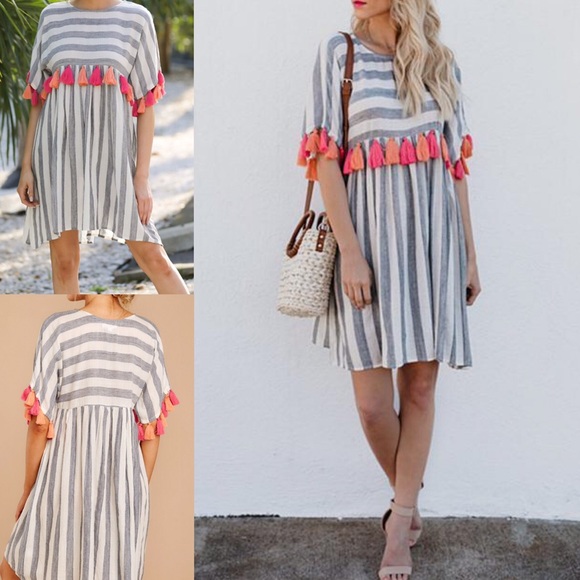 THML Dresses & Skirts - THML Summery Stripe Tassel Dress! Size M, NWT